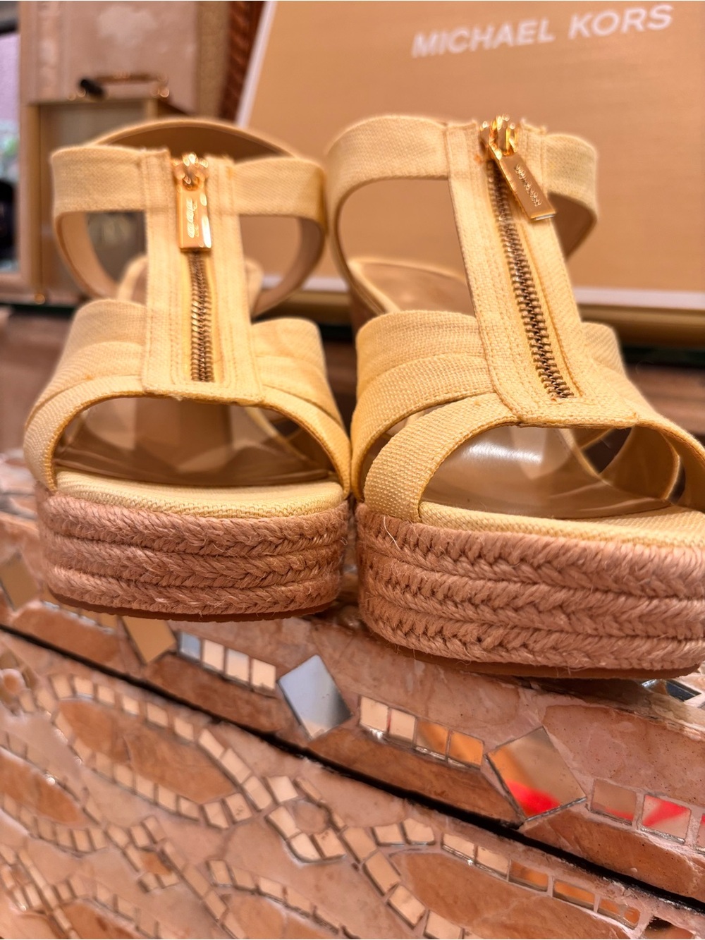 Michael Kors Yellow Canvas Espadrille Wedge Sandals with Gold Zip - Picture 3 of 6